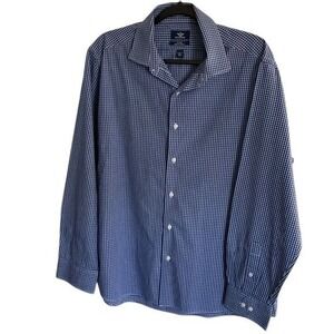 Dockers Mens Blue Gingham Fitted Stretch Collar‎ Dress Shirt Large